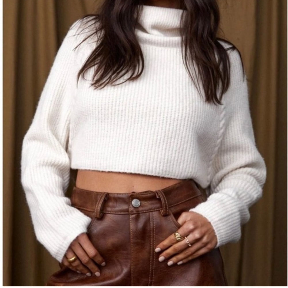 12th Tribe - No Chill Ivory Crop Top Turtleneck Sweater - Cream - M/L